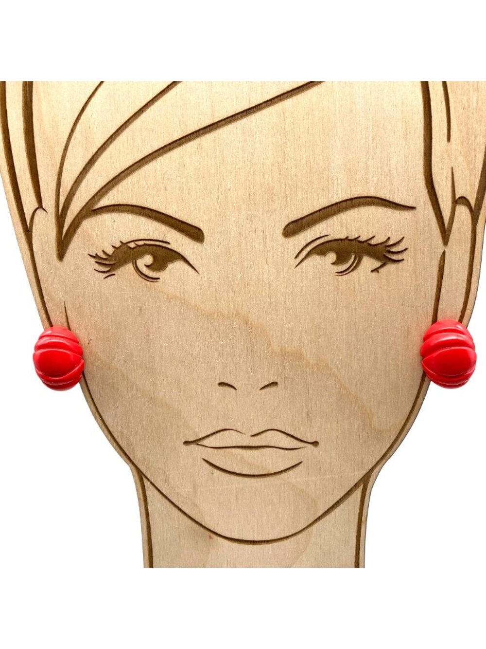 Vintage Chunky Red Earrings, Deep Carved Bright Clip Ons Abstract Geometric Oval